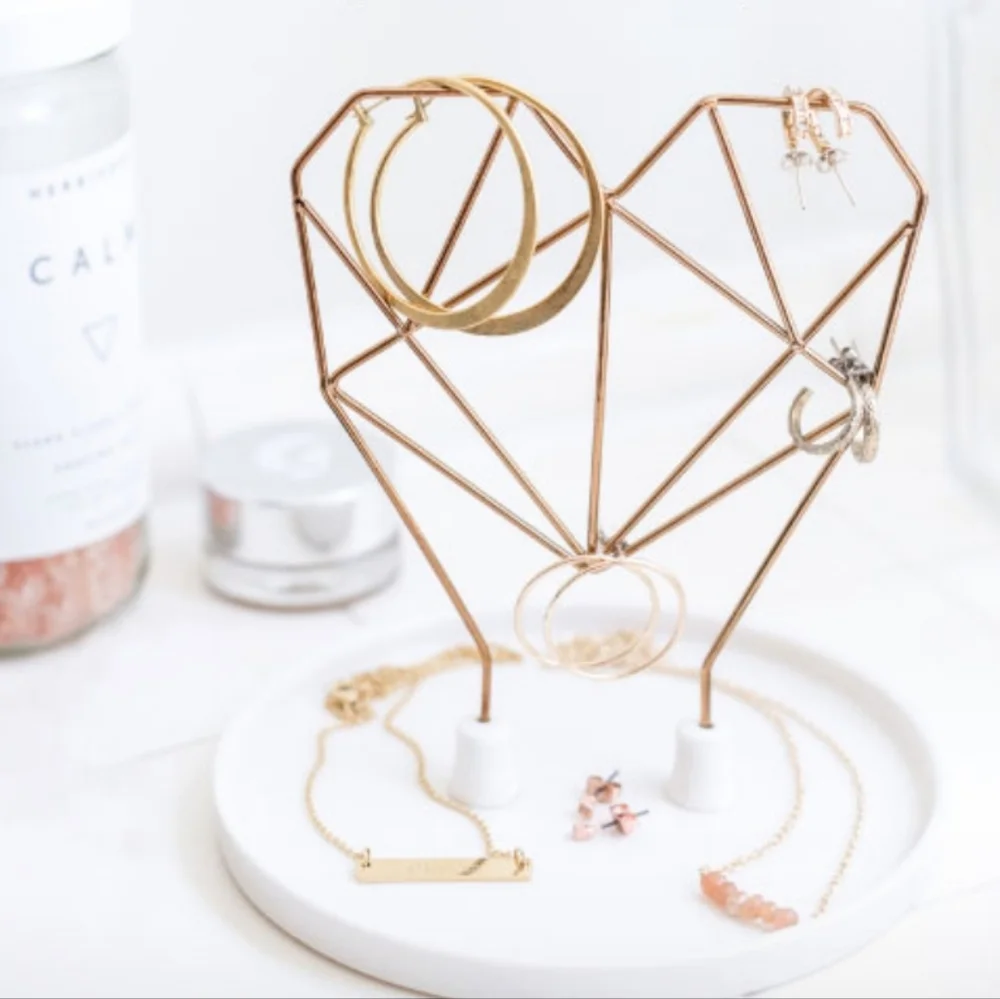 IMM Living Coxet Wire Geometric Heart Jewelry Holder Stand Rose Gold White NWT
